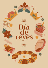 Set de ilustración vectorial iconos Día de Reyes y Navidad en México y España. 6 de Enero, rosca, ponche, chocolate caliente, tamales, candelaria, corona, reyes - obrazy, fototapety, plakaty
