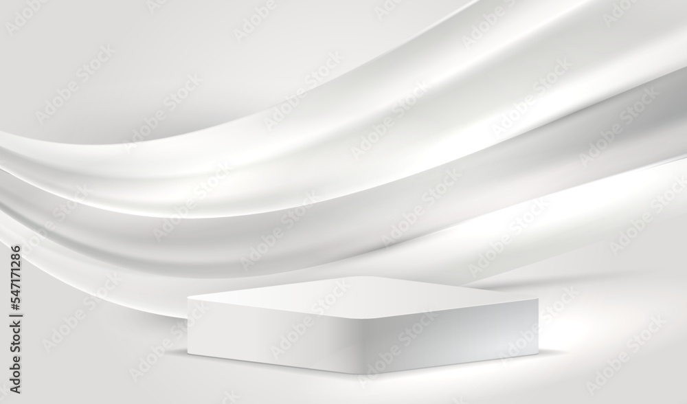 Poster white studio empty room with pedestal podium for mockup product. gray geometric platform with flowin