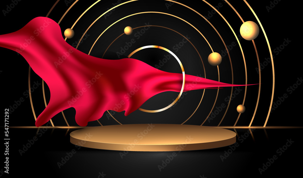 Poster studio empty place to display product with gold podium and red silk material vector background. cosm