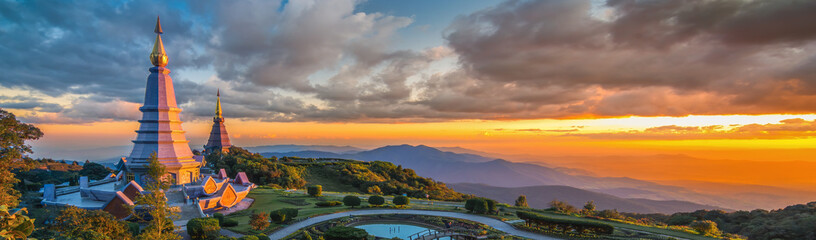 Landmark Landscape of two pagoda on the top of Inthanon mountain, Chiang Mai, Thailand. Pagodas...
