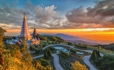 Landmark Landscape of two pagoda on the top of Inthanon mountain, Chiang Mai, Thailand. Pagodas at...