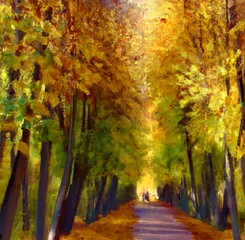 Autumn alley with trees and fallen leaves in beautiful orange colors. Walking path through autumn alley. 3D Render. Abstract digital art painting