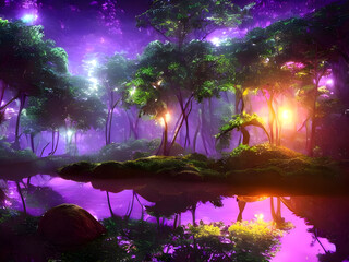Dschungel Wunderland bei Nacht mit lila Himmel und hellem Leuchten