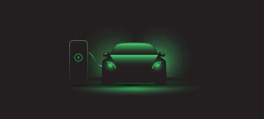 Plugin hybrid electric vehicle vector with car connected to an electric charging station and with green glow  - obrazy, fototapety, plakaty