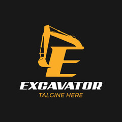 E logo excavator for construction company. Heavy equipment template vector illustration for your brand.