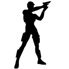 Black and white silhouette of a girl with a gun. A super woman in a leather military suit with pistols and a submachine gun or rifle. A computer game character