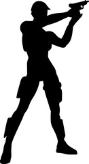 Black and white silhouette of a girl with a gun. A super woman in a leather military suit with pistols and a submachine gun or rifle. A computer game character