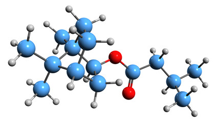 3D image of bornylizovalerianate skeletal formula - molecular chemical structure of Valerian officinalis phytochemical isolated on white background
