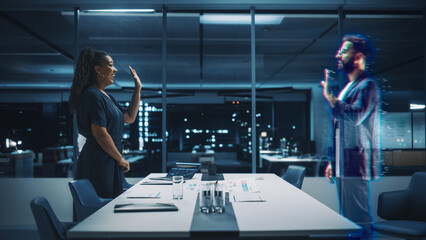 Futuristic Office Remote Meeting: Black Businesswoman Accepts Online Conference Call from Hispanic...