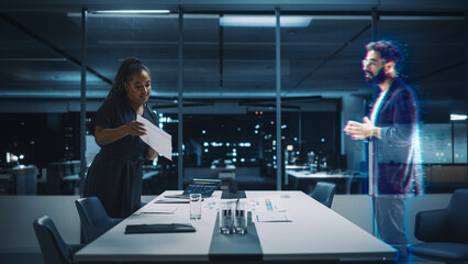 Futuristic Office Online Meeting Video Conference Call: Businesswoman and Businessman Talk using Augmented Reality Metaverse. Global e-Business For Virtual Remote Work. Hologram Simulation.