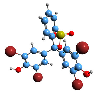 3D image of Bromophenol blue skeletal formula - molecular chemical structure of pH indicator tetrabromophenolsulfonphthalein isolated on white background
