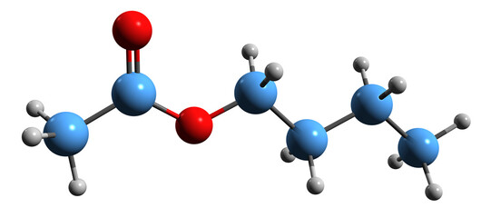  3D image of Butyl acetate skeletal formula - molecular chemical structure of n-Butyl acetate isolated on white background
