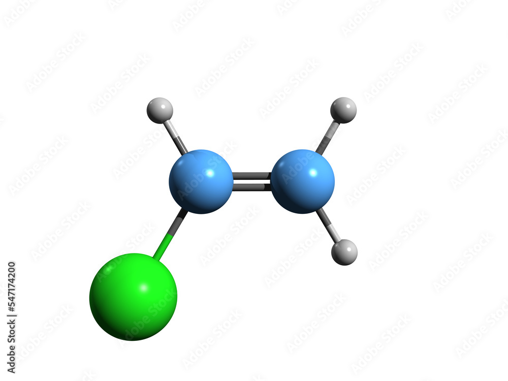 Wall mural  3D image of Vinyl chloride skeletal formula - molecular chemical structure of organochloride Chloroethylene isolated on white background
