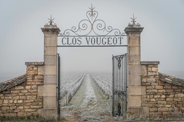 Fototapeta premium Front shot of the Clos Vougeot gates leading to vineyards in Burgundy, France in winter