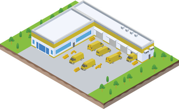 isometric scene of van at warehouse logistic hall unloading process in Company business