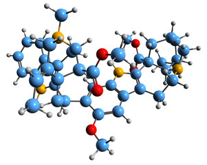  3D image of Voacamine skeletal formula - molecular chemical structure of dimeric indole alkaloid isolated on white background
