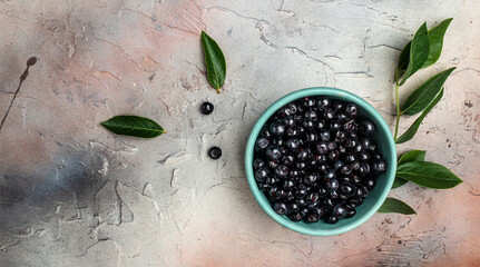 Superfood MAQUI BERRY. Superfoods antioxidant of indian mapuche, Chile. Bowl of fresh maqui berry and maqui berry tree branch, Long banner format. top view © Надія Коваль