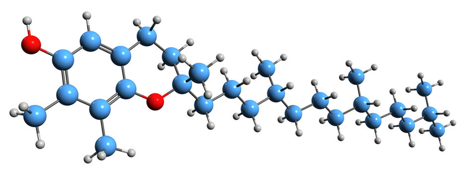 3D image of Vitamin E skeletal formula - molecular chemical structure of tocopherols and tocotrienols isolated on white background
