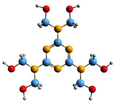 3D image of Hexamethylolmelamine skeletal formula - molecular chemical structure of hexamethylol melamine isolated on white background
