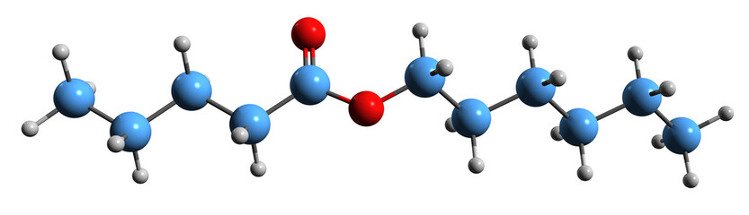  3D image of Hexyl pentanoate skeletal formula - molecular chemical structure of Hexyl valerate isolated on white background
