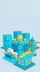 3d Taj Mahal as landmark with green space area and building around in blue and yellow color