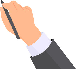 Hand wearing in business suit is holding pen.  Transparent background. Flat vector illustration.