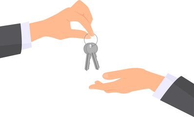 Two hands wearing in business suit. One hand giving two keys to another. Transparent background. Flat vector illustration.