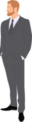 Man wearing in business suit standing with his hands in his trouser pockets. Character illustration. Transparent background. Flat vector illustration.