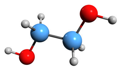  3D image of Ethylene glycol skeletal formula - molecular chemical structure of antifreeze isolated on white background