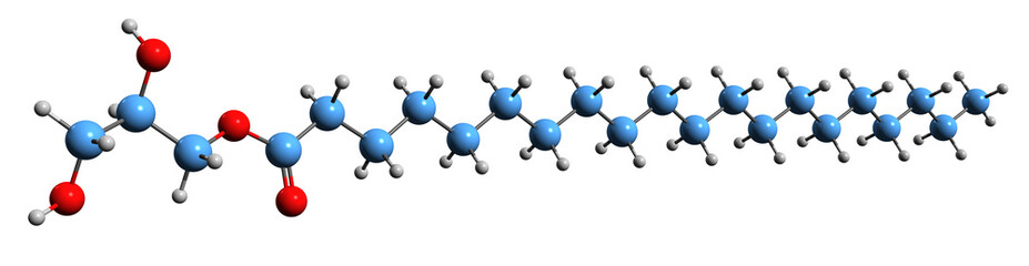  3D image of Glycerol monostearate skeletal formula - molecular chemical structure of Dihydroxypropyl octadecanoate isolated on white background
