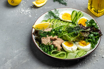 Ketogenic low carbs diet, Plate with keto foods: two eggs, avocado, tuna, cucumber and fresh salad. Healthy fats, clean eating for weight loss. top view