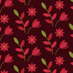 Flowers and leaves vector seamless pattern, doodling, simple, flat style, spring, Christmas, winter, fresh, floral, red, green,  for print, textile, wallpaper, wrapping paper, branding, packaging 