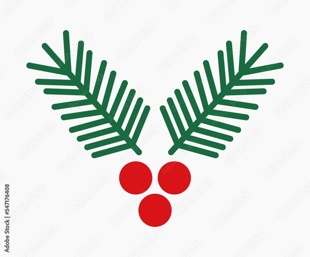 Sticker christmas tree branch and red berries icon design element.
