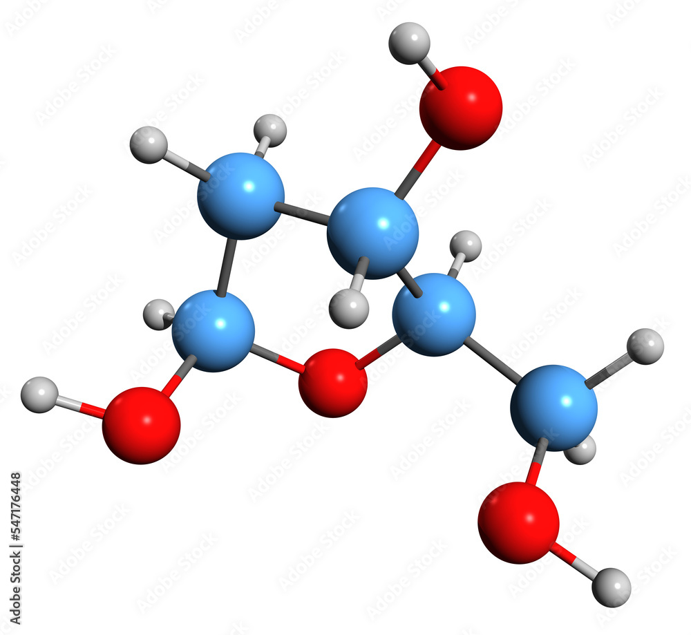 Poster  3D image of Deoxyribose skeletal formula - molecular chemical structure of 2-deoxy-d-erythro-pentose isolated on white background