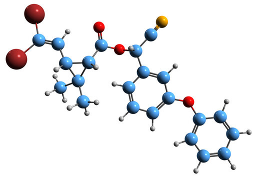  3D image of Deltamethrin skeletal formula - molecular chemical structure of  pyrethroid ester insecticide isolated on white background
