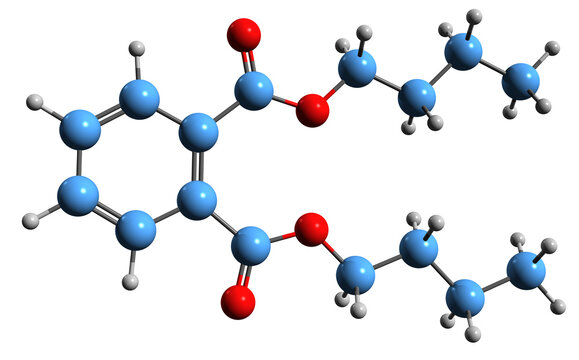  3D image of Dibutyl phthalate skeletal formula - molecular chemical structure of  plasticizer Elaol isolated on white background