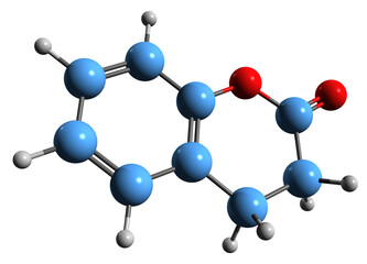 Obraz premium 3D image of Dihydrocoumarin skeletal formula - molecular chemical structure of plant metabolite coumarin isolated on white background 
