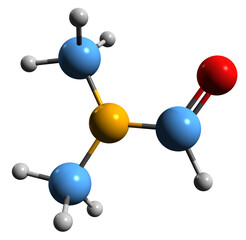  3D image of Dimethylformamide skeletal formula - molecular chemical structure of solvent DMF isolated on white background
