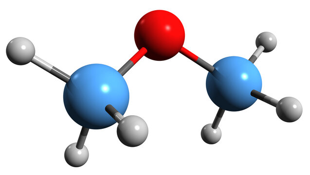  3D image of Dimethyl ether skeletal formula - molecular chemical structure of Methoxymethane isolated on white background
