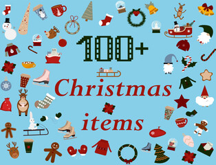 A set of Christmas and New Year elements with Christmas gnomes, a snowman, a deer, a Christmas tree, wreaths and more. Perfect for greeting card, party invitation, poster, sticker set.