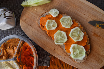 Sandwich with hummus and cucumber