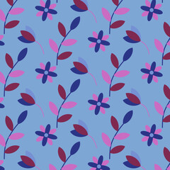 Flowers and leaves vector seamless pattern, doodling, simple, flat style, spring, summer, fresh, floral, blue, pink, purple, for print, textile, wallpaper, wrapping paper, branding, packaging 