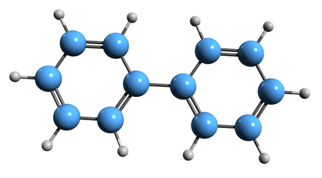  3D image of Biphenyl skeletal formula - molecular chemical structure of aromatic hydrocarbon phenylbenzene isolated on white background
