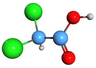  3D image of Dichloroacetic acid skeletal formula - molecular chemical structure of Dichloroethanoic acid isolated on white background