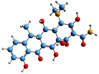  3D image of Doxycycline skeletal formula - molecular chemical structure of  broad-spectrum tetracycline antibiotic isolated on white background
