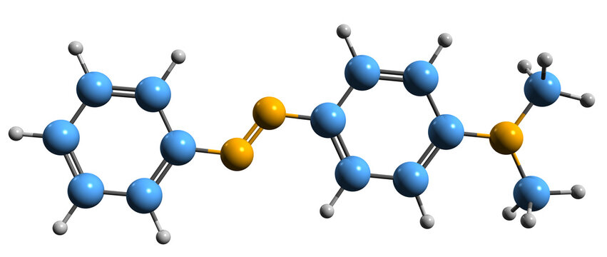  3D image of Methyl yellow skeletal formula - molecular chemical structure of 4-Dimethylaminoazobenzene isolated on white background
