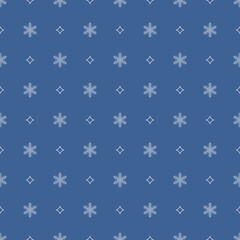 Snowflakes and star sparkles seamless vector pattern on blue background in minimal clean flat style