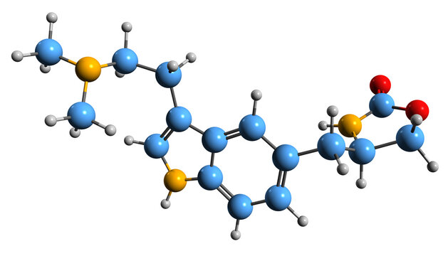  3D image of Zolmitriptan skeletal formula - molecular chemical structure of  migraine medication isolated on white background

