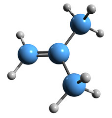  3D image of Isobutylene skeletal formula - molecular chemical structure of 2-Methylpropene isolated on white background