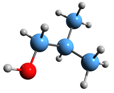  3D image of Isobutanol skeletal formula - molecular chemical structure of Isopropylcarbinol isolated on white background
